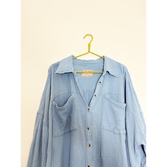 Free People Cardiff Oversized Top Size XL Blue Waffle Knit Boho Long Sleeve - Picture 4 of 13